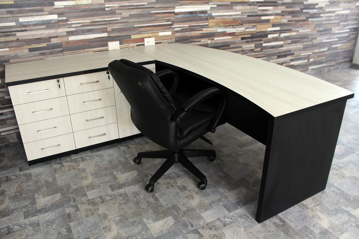 Escritorio Curvo Ejecutivo Blanco con Base Negra y Cajonera